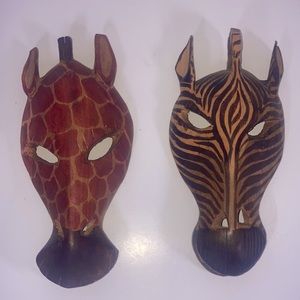 Hand Carved  wooden giraffe and zebra mask wall hanging set Made in Kenya